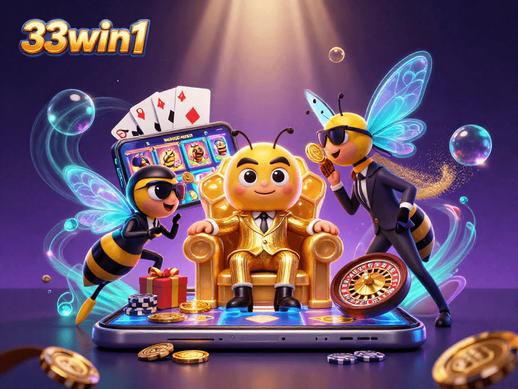 Experience thrilling slots with 33win1 in this vibrant casino illustration featuring engaging characters.