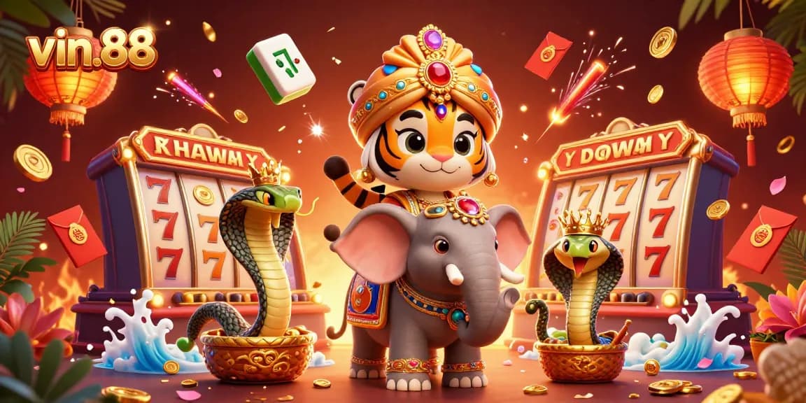 Experience thrilling games at vin.88 with a majestic maharaja tiger and dynamic casino elements.