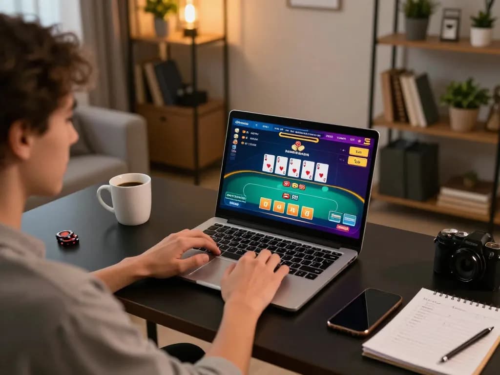 VA88 player strategizing during an online poker game in a cozy home office environment.
