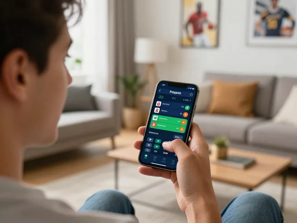 xem bóng đá trực tiếp hôm nay at home using smartphone for live sports betting, showcasing excitement and engagement in a modern setting