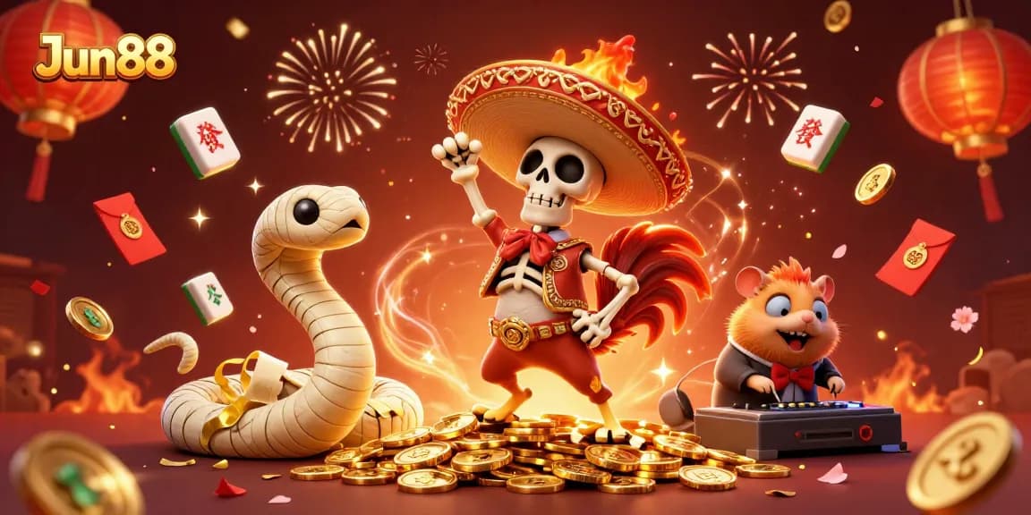 Enjoy a festive celebration with Jun88 as cartoon characters dance on golden coins.