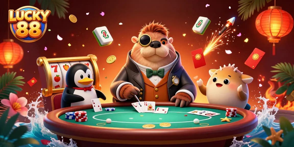Experience the excitement of LUCKY 88 at a vibrant underwater poker table with cheerful characters.