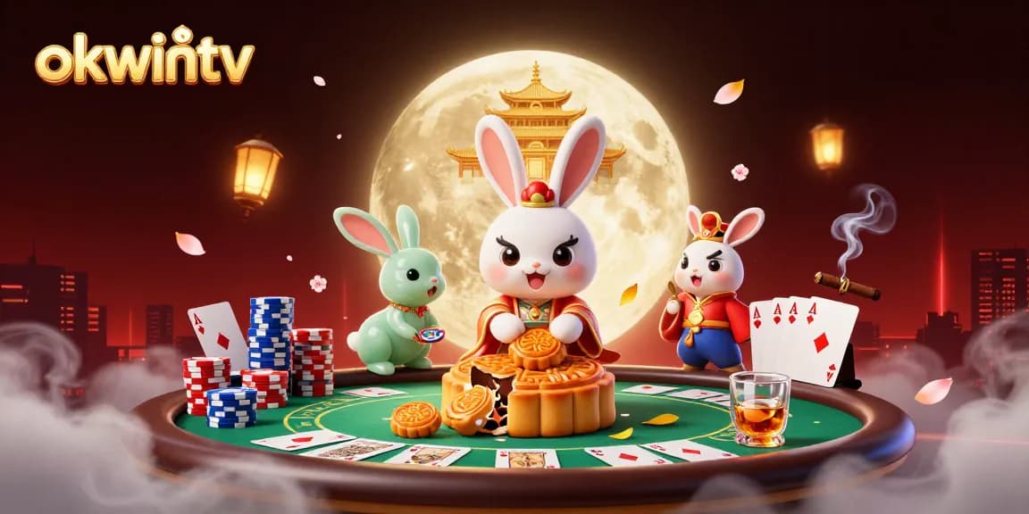 Engage with okwintv's immersive moon rabbit scene showcasing poker chips and dynamic casino elements.