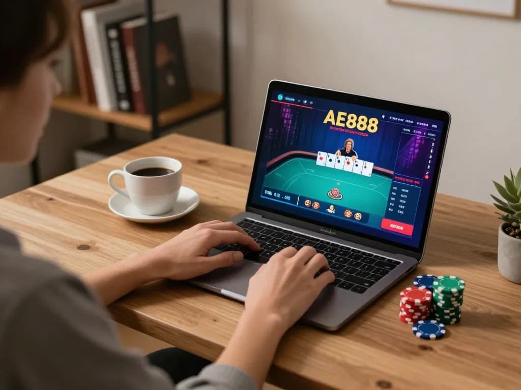 Players enjoying an immersive AE888 poker session on a sleek home setup with engaging graphics
