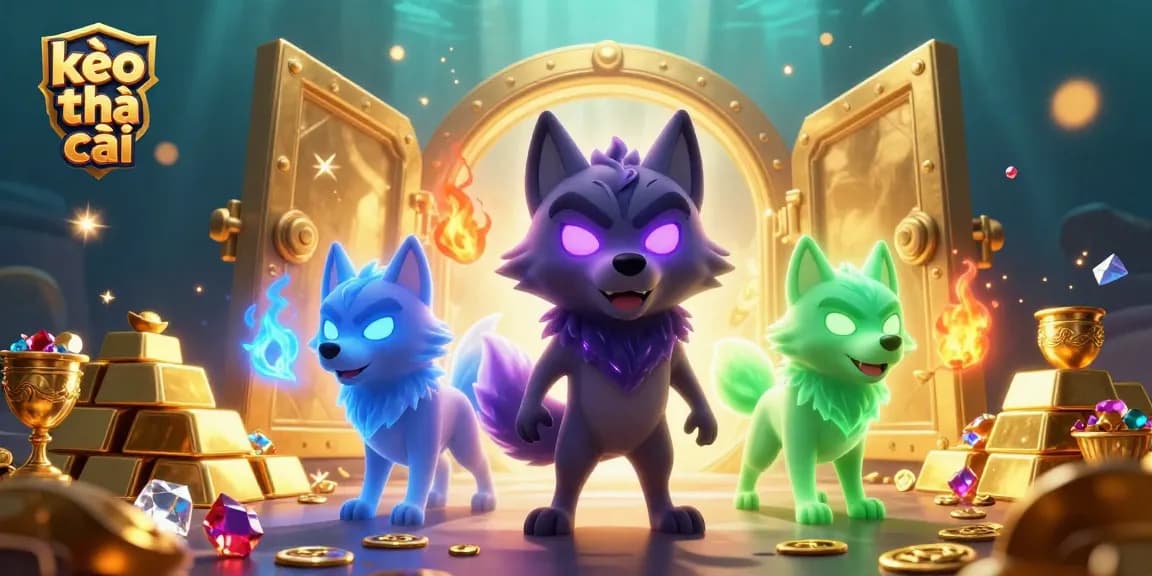 Engage with kèo nhà cái through this vibrant 3D illustration showcasing casino elements and spectral wolves.