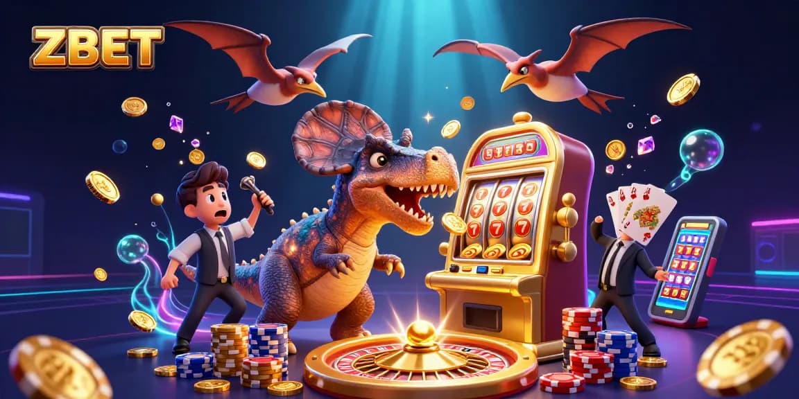 ZBET brings excitement with a cartoon dinosaur headbutting a golden slot machine, winning jackpots!