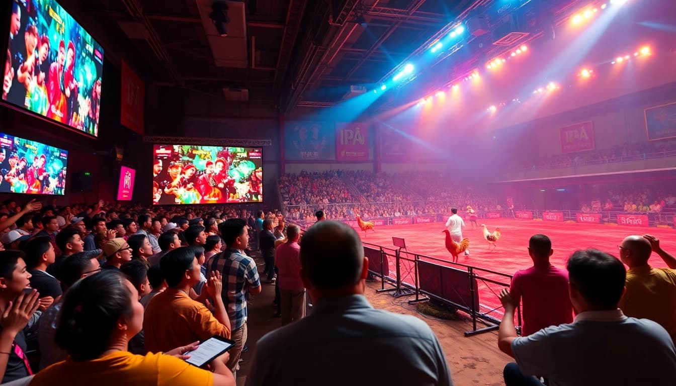 Engaging scene of đá gà trực tiếp with vibrant visuals and betting excitement in a lively arena.
