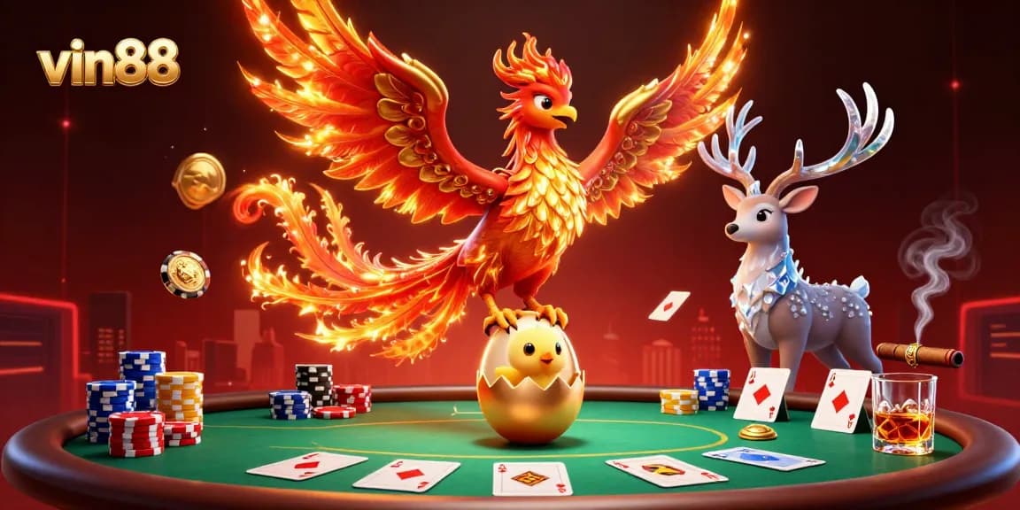 Experience exciting poker action with vin88 featuring a majestic phoenix and vibrant casino elements.