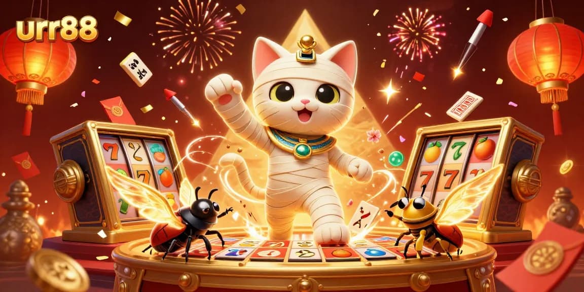Experience the excitement at urr88 with a vibrant pyramid casino scene featuring a mummy cat and scarab