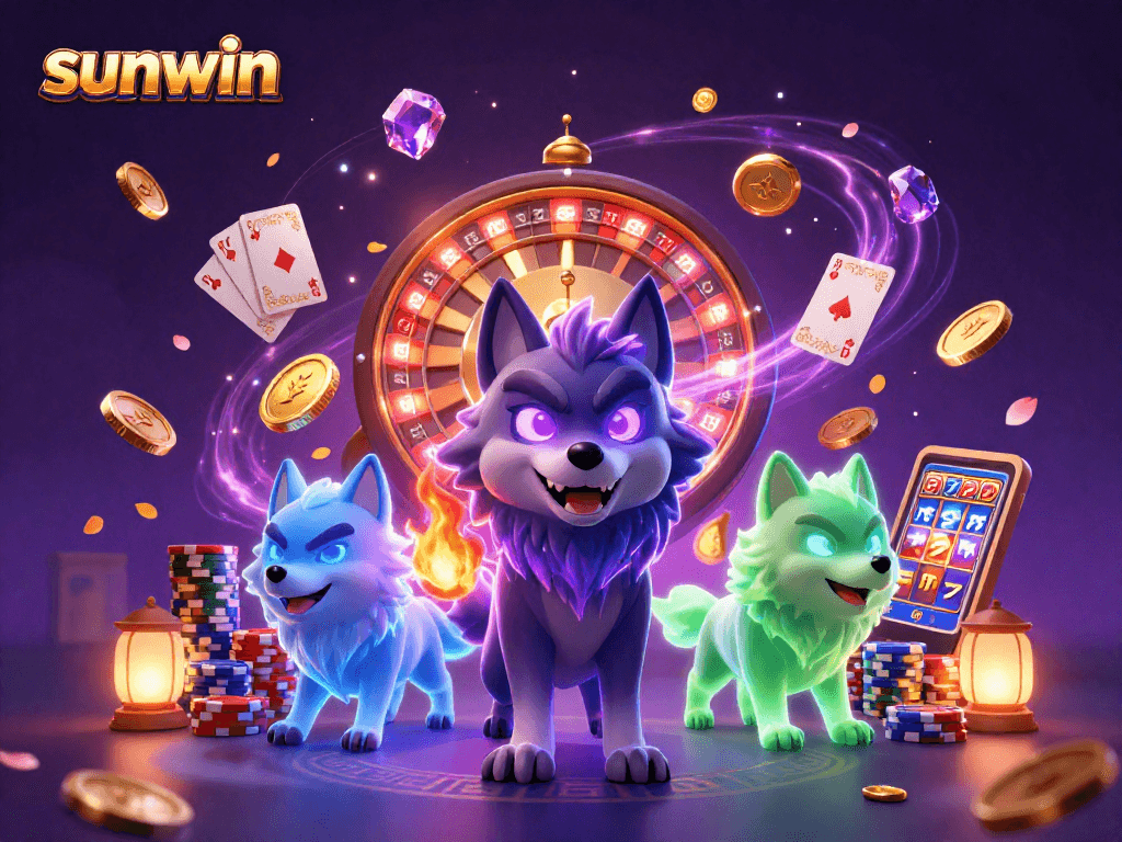sunwin casino illustration showcasing a wolf pack leader and dynamic gaming elements.