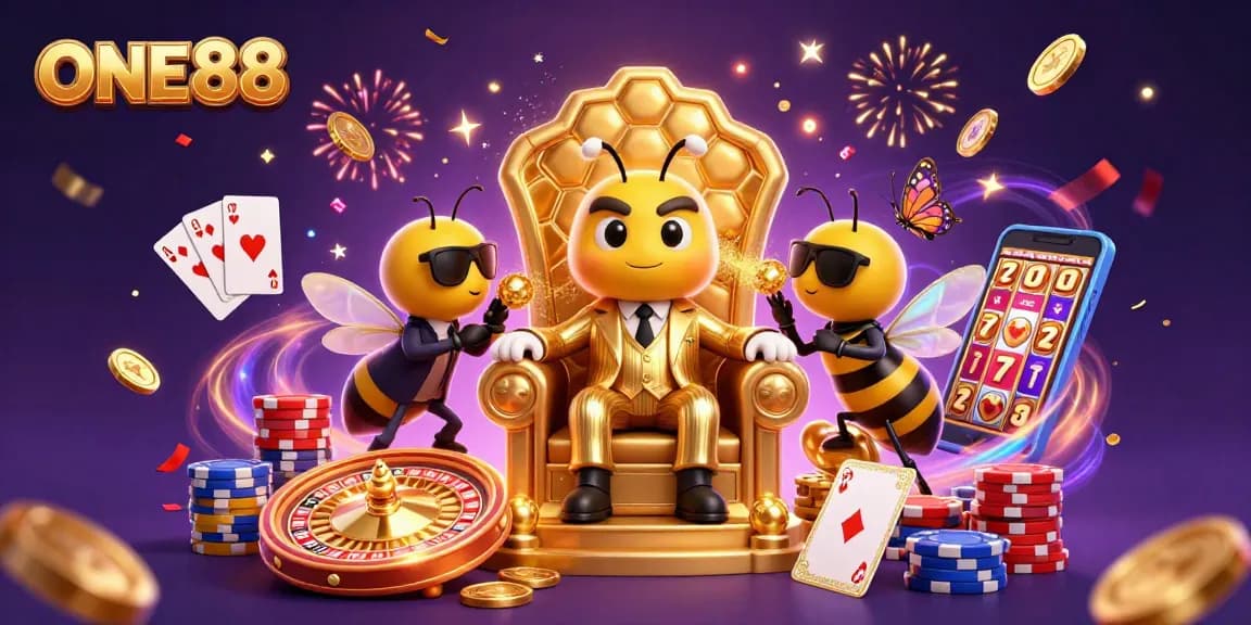ONE88 features a vibrant illustration of a bumblebee mob boss amidst cascading coins and roulette elements.