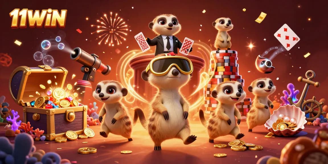 11WIN casino meerkats with dynamic gameplay and colorful gems in a vibrant atmosphere.