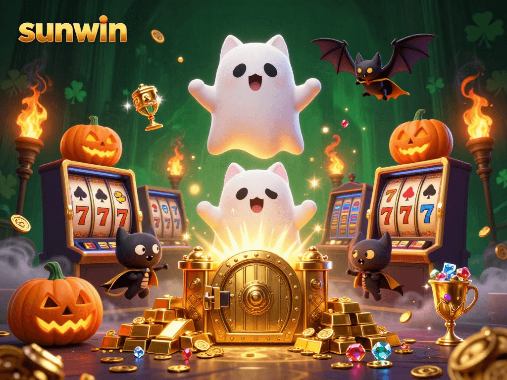 Experience the thrilling casino scene with sunwin, featuring a ghost cat and golden treasures.