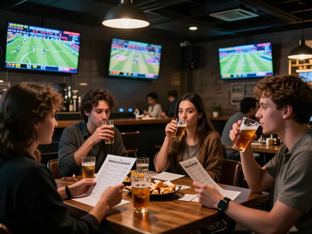 Kèo nhà cái hôm nay displayed on large screen while patrons celebrate sports betting success