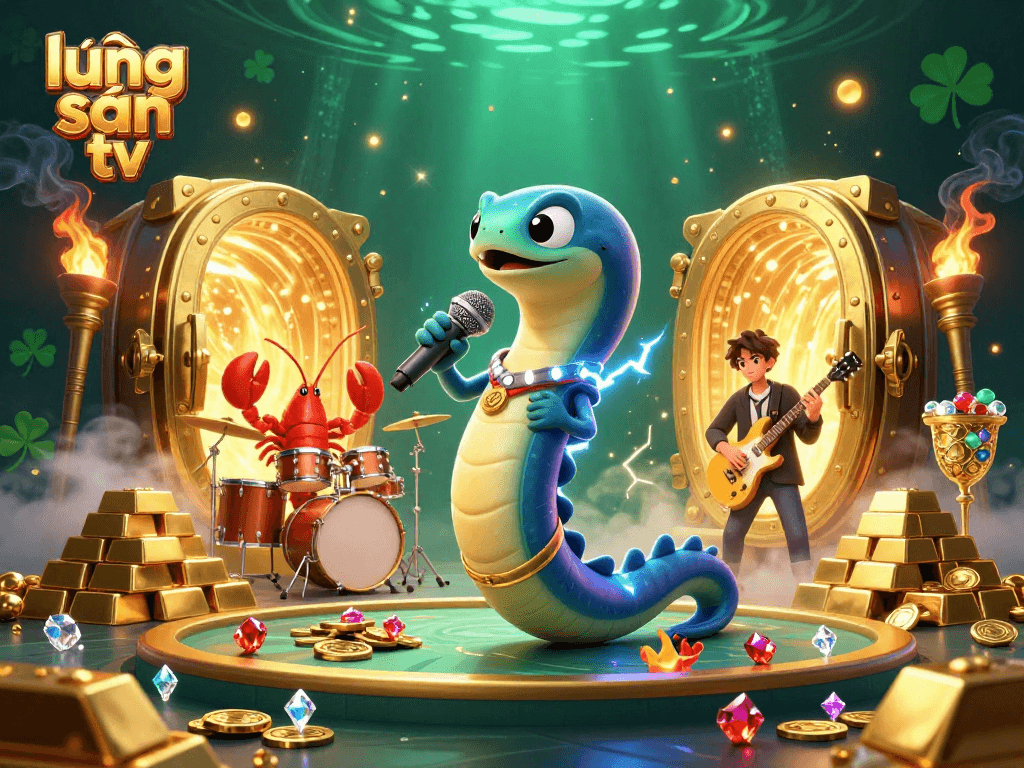 Lương Sơn TV presents a vibrant underwater casino scene where a DJ eel performs with dynamic visuals and a treasure theme.
