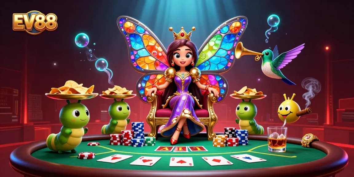 Experience EV88's dazzling gaming fun with a butterfly queen, poker chips, and vibrant casino elements.