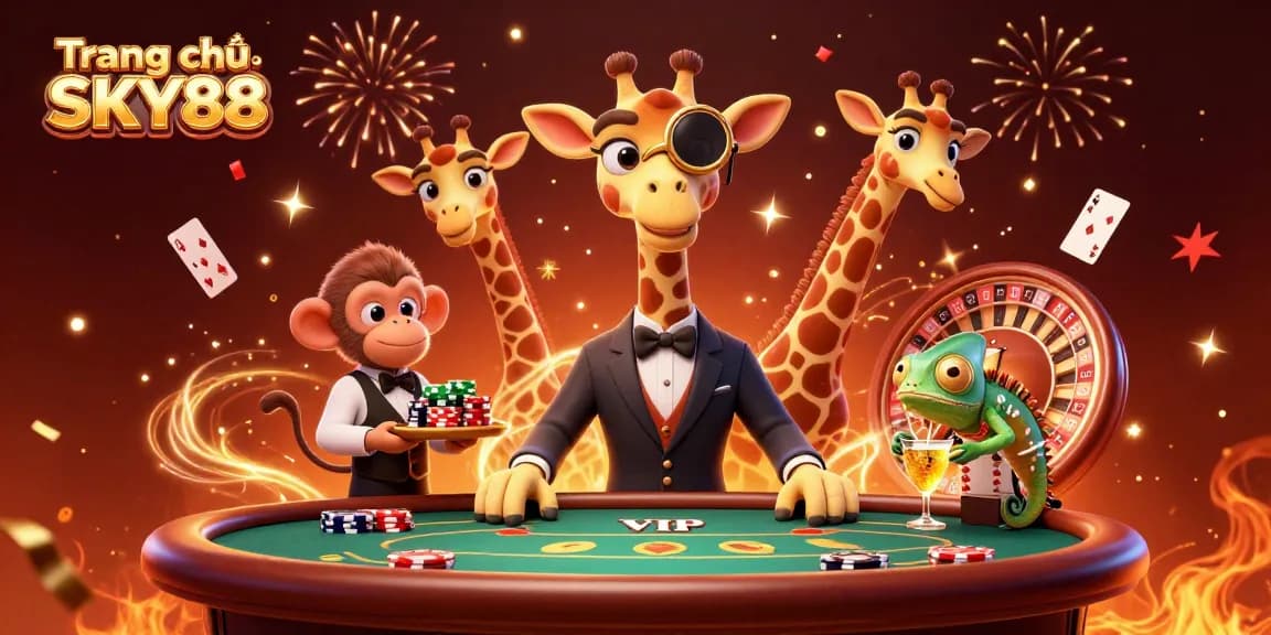 Win big at Trang chủ SKY88 with 3D characters celebrating around a vibrant poker scene.