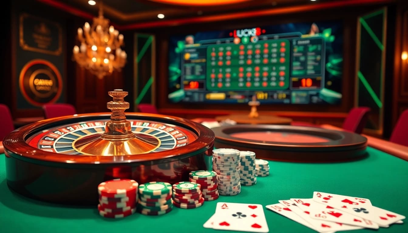 Experience the excitement of Luck8 with a sophisticated casino scene showcasing roulette, poker chips, and online gaming.