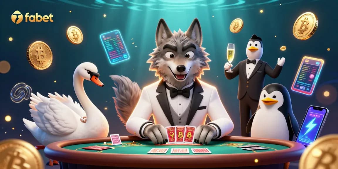 Engage with fabet gaming experience featuring a wolf, swan, and penguin in a vibrant casino scene.