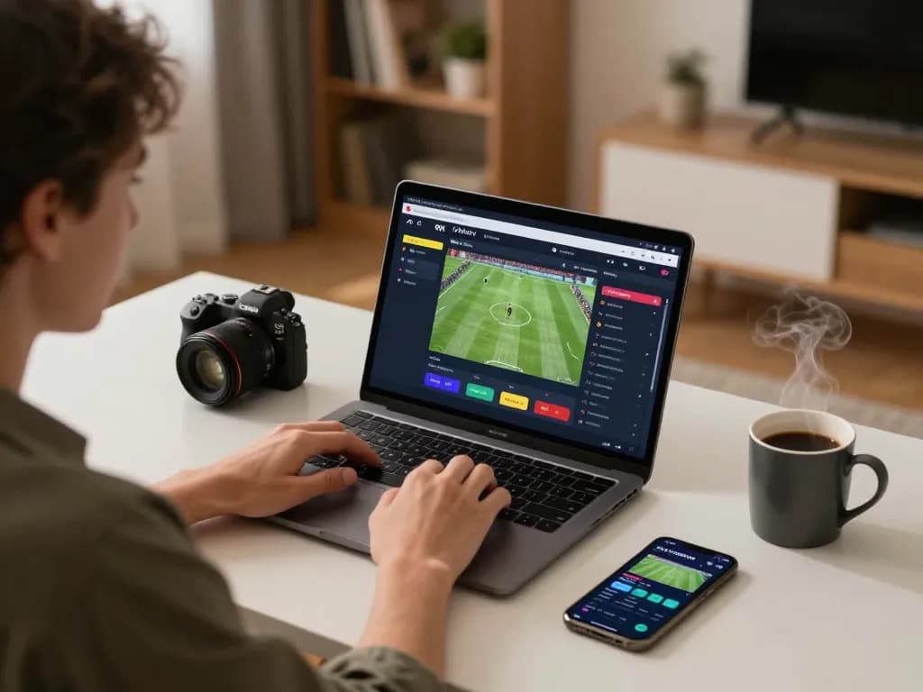 Person actively engaged with the xoilactv sports betting interface on laptop while enjoying a cozy home setting.