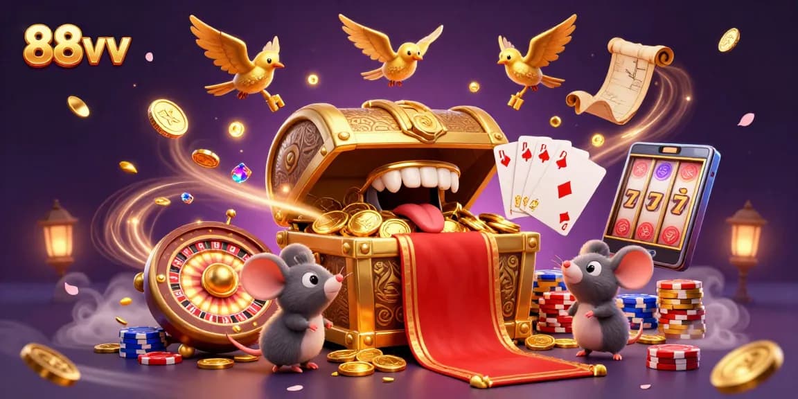 Engage in thrilling gameplay at 88vv with a vibrant 3D casino scene featuring treasures and excitement.