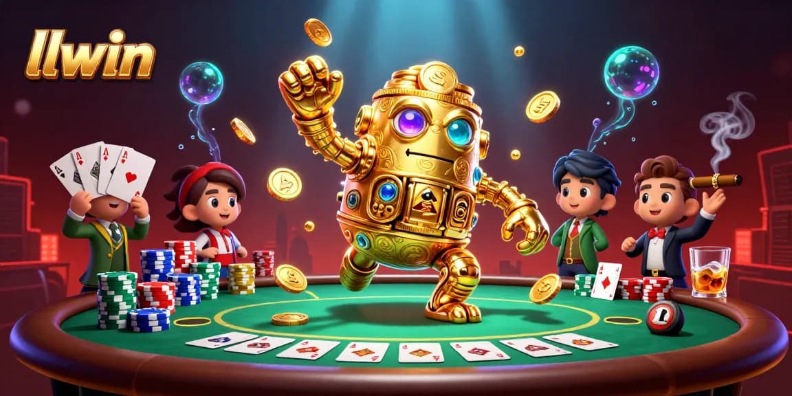 Experience llwin's exciting gambling atmosphere with golden golem and poker elements in a vibrant casino setting.
