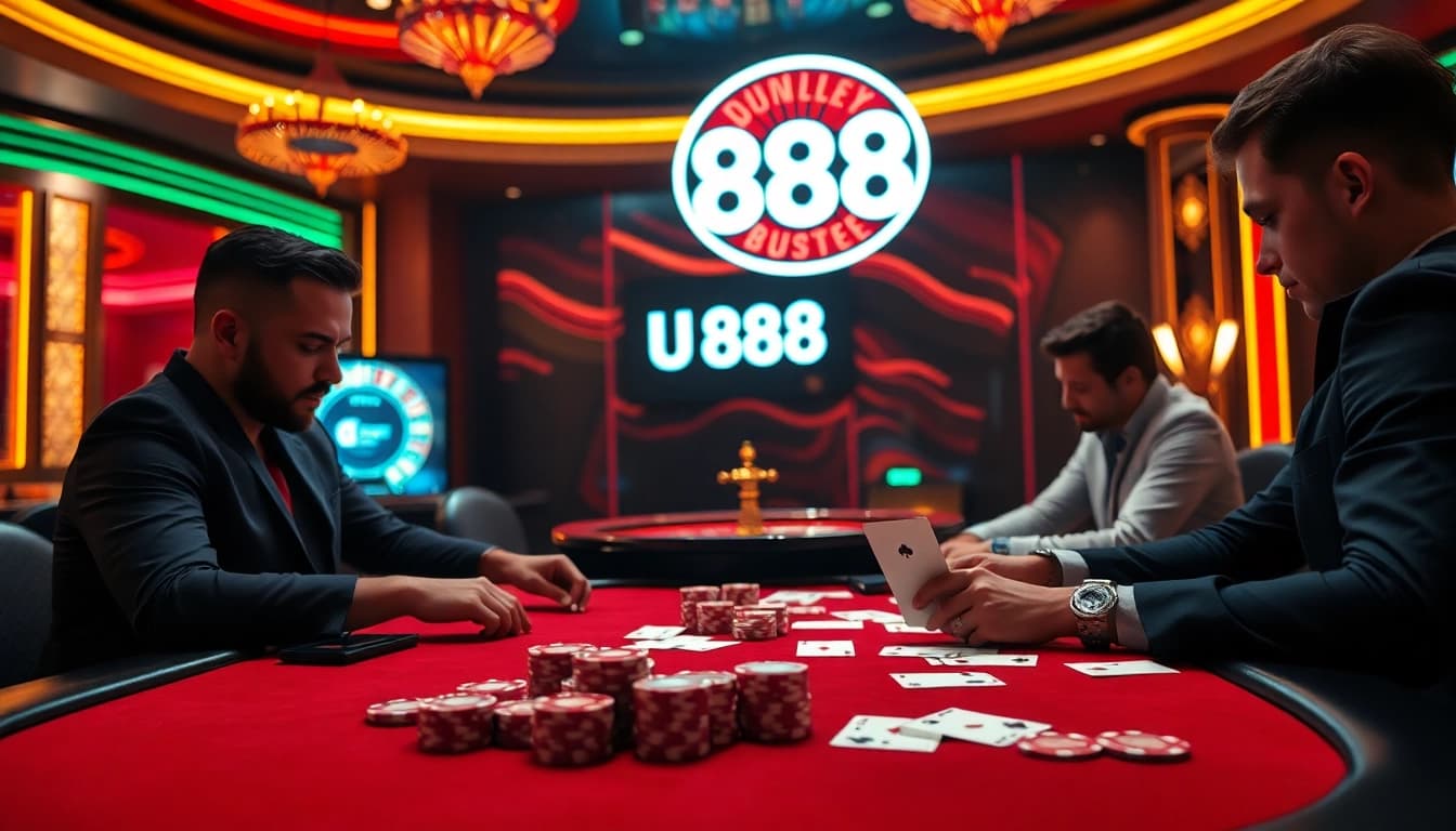 Players engaging at an upscale U 888 casino poker table with vibrant chips and exciting atmosphere.