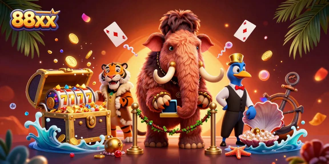 Exciting illustration featuring 88xx with a woolly mammoth bouncer, a saber-tooth VIP, and a dodo doorman amidst casino elements.