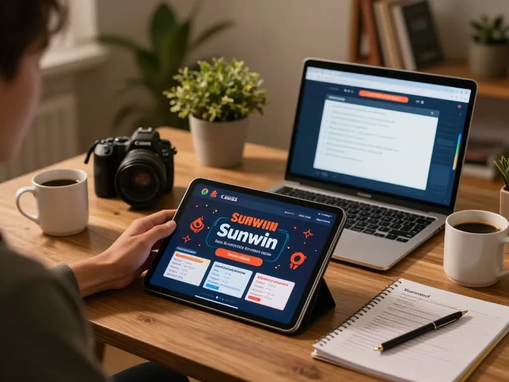 Engaging with Sunwin casino app on a tablet in a cozy home setting, promoting responsible gaming strategies.
