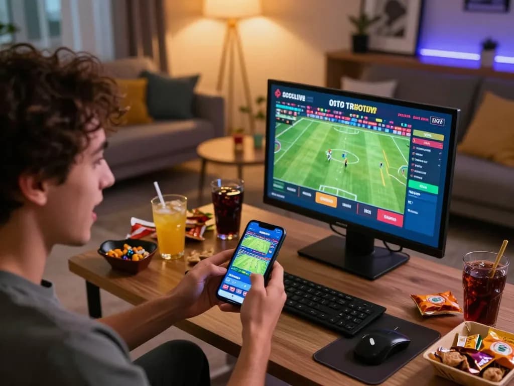 Socolive trực tiếp football streaming displayed on smartphone in a cozy home betting setup.