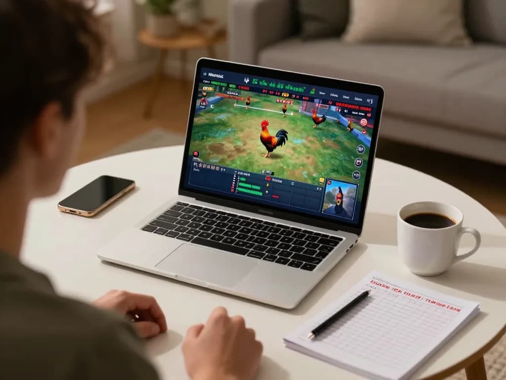 Watch exciting đá gà trực tiếp action on a laptop in a cozy home setting