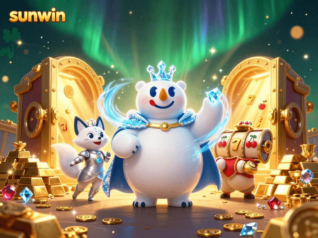 Spin to win with sunwin, featuring a polar bear king and treasures in a vibrant casino setting.