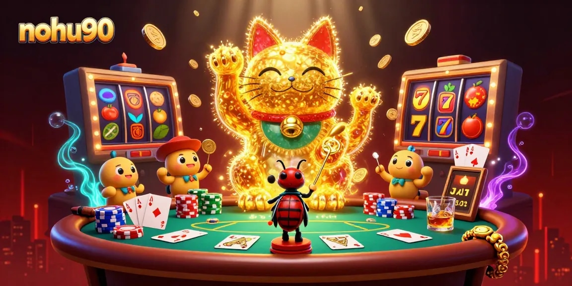 Nohu90 players winning big with vibrant 3D elements in an engaging casino scene.