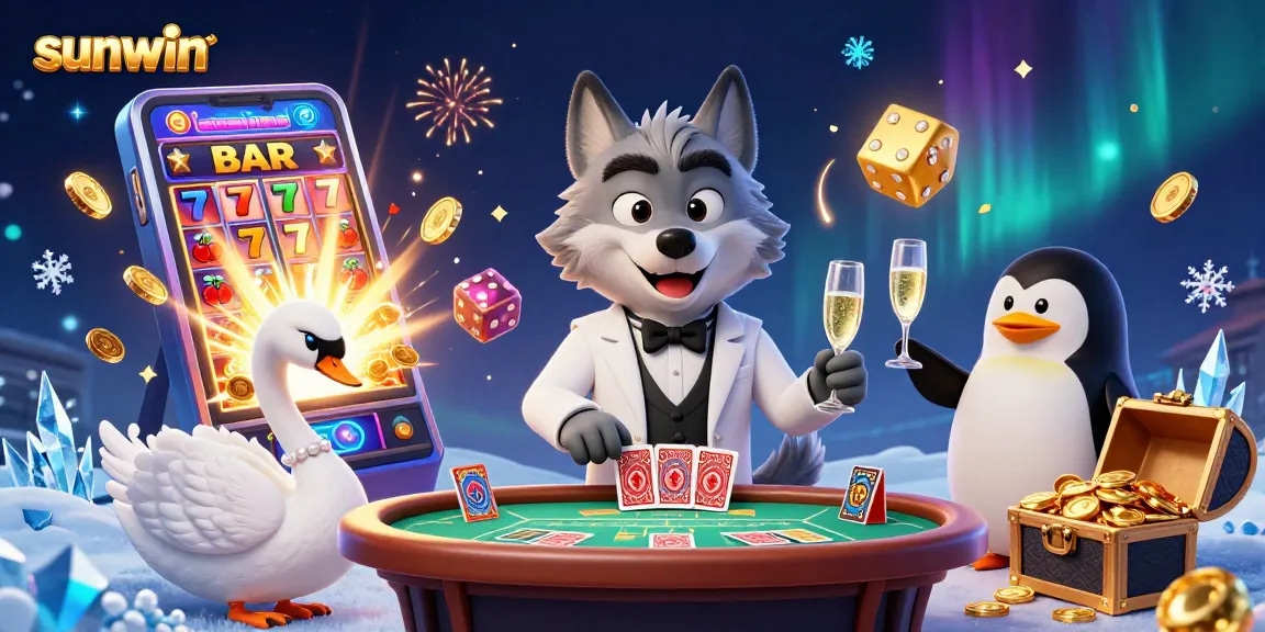 sunwin showcases a vibrant casino scene with a wolf, swan, and penguin celebrating jackpot wins