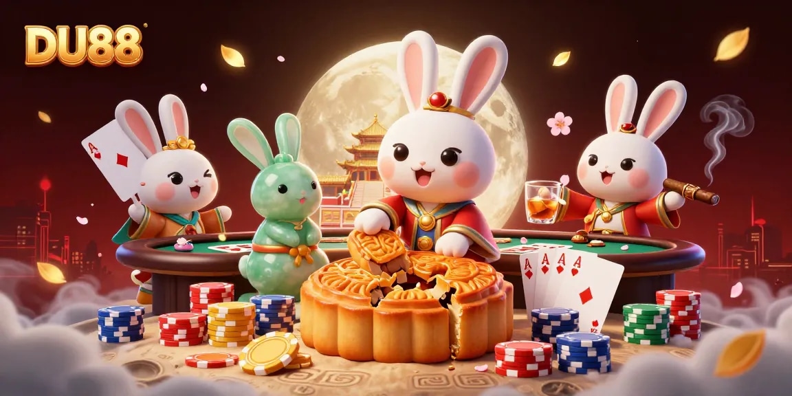 DU88 showcases a moon rabbit pounding mooncakes revealing poker chips in a 3D casino scene.