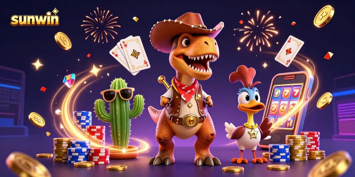 Engage with sunwin's thrilling casino experience featuring a cowboy dinosaur and adventure elements.