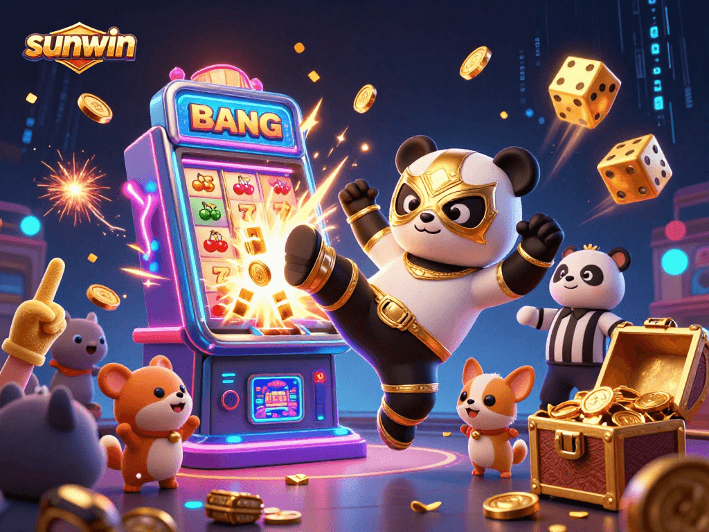 Experience exciting slots with sunwin's action-packed casino scene featuring a wrestling panda!