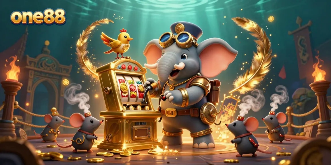 Experience thrilling wins at one88 with our steampunk elephant engineer in this engaging casino scene.