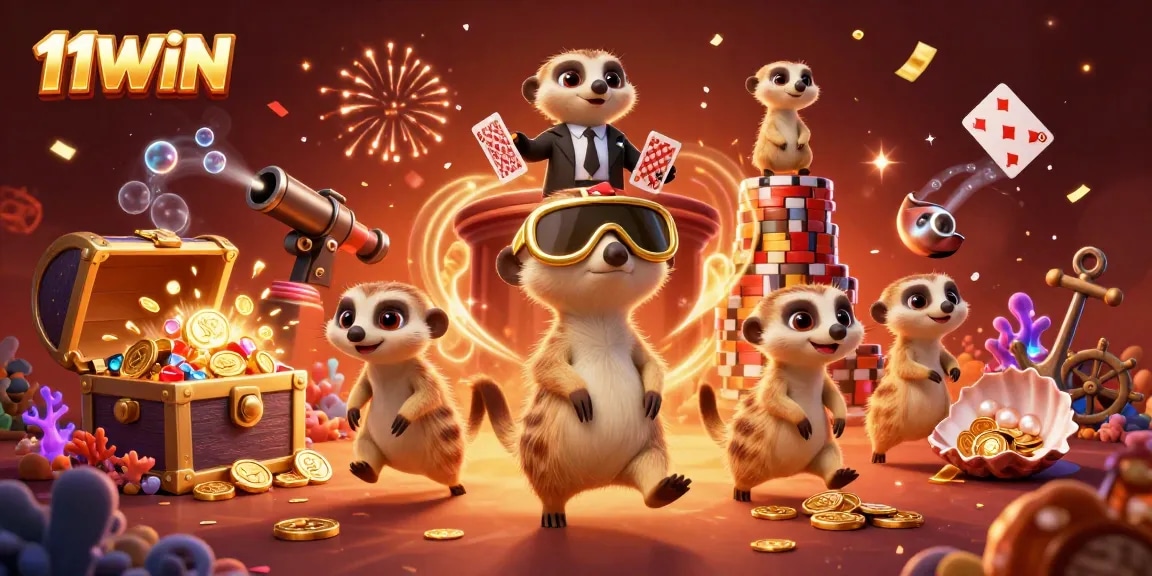 11WIN casino meerkats with dynamic gameplay and colorful gems in a vibrant atmosphere.