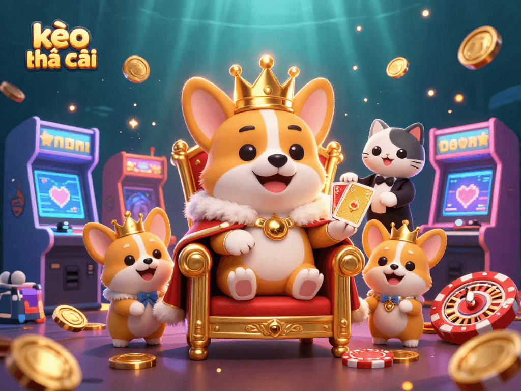 Experience thrilling gameplay with kèo nhà cái featuring corgi royalty surrounded by vibrant casino elements.