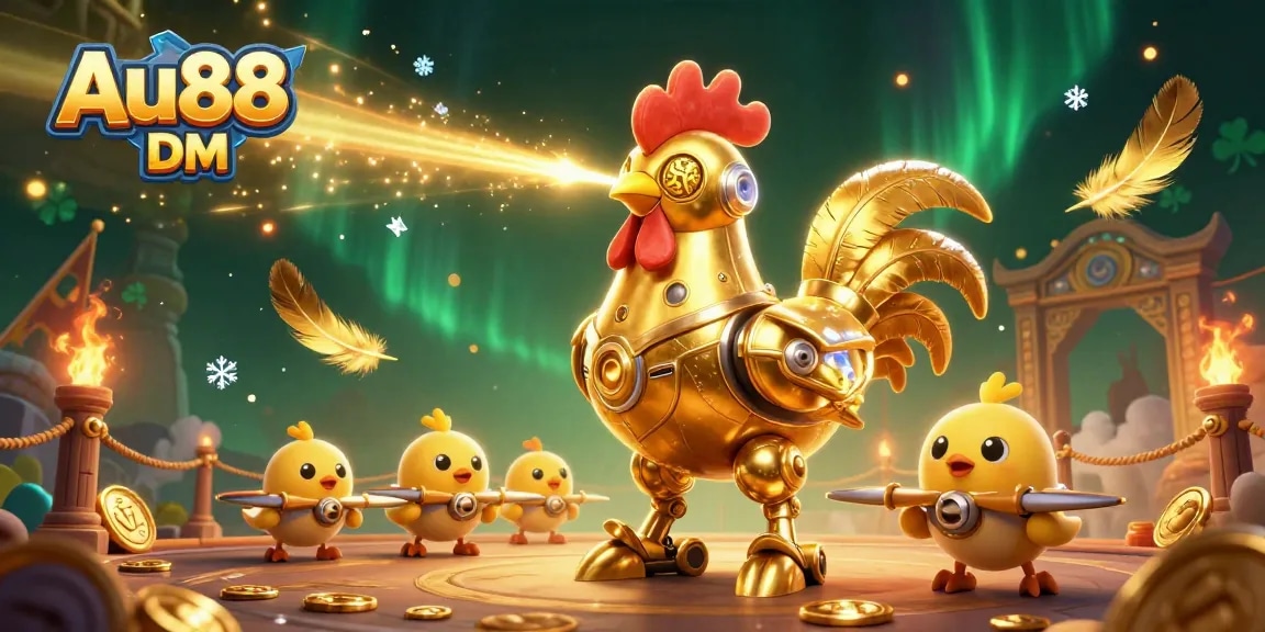 Engage in exciting gameplay with Au88 DM featuring a golden rooster robot amidst vibrant casino elements.
