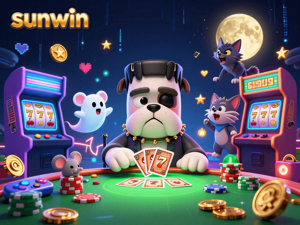 sunwin casino scene featuring a bulldog monster dealing cards and werewolf kitten howling.
