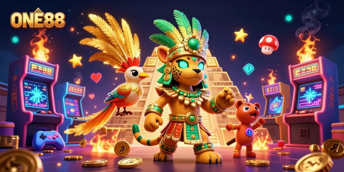 Engage with ONE88's exciting gaming atmosphere amid a vibrant 3D casino scene.