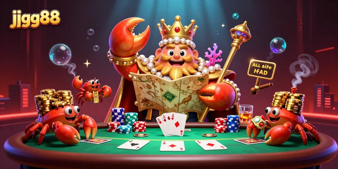 Experience high-stakes gaming action at jjgg88 with a grand golden crab emperor, poker chips, and vibrant casino elements.