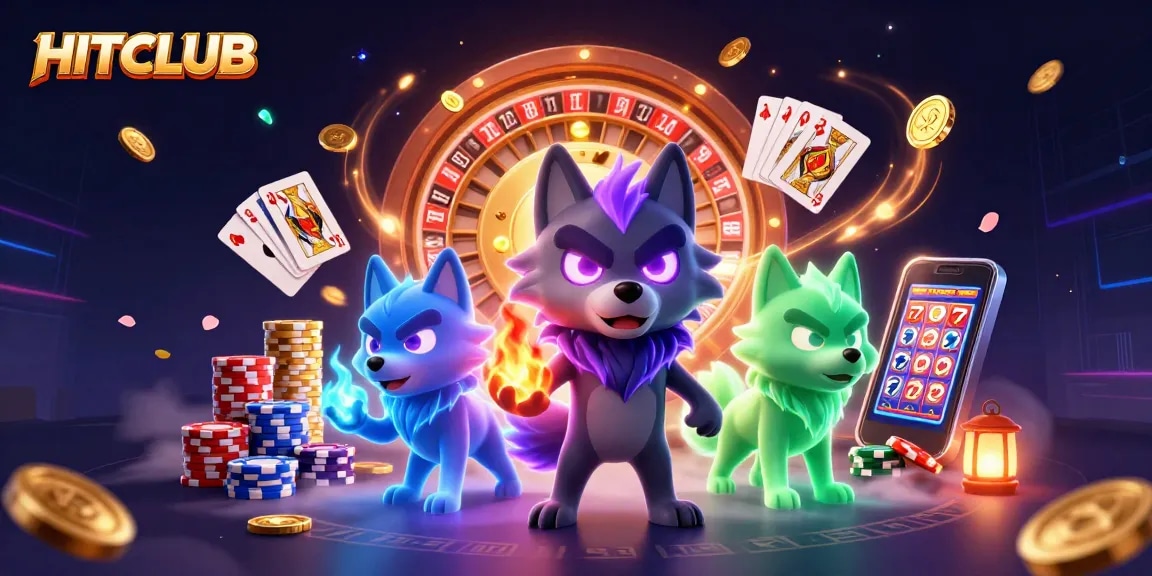 HITCLUB captivates with an immersive gambling experience featuring shimmering coins, glowing wolves, and casino elements.