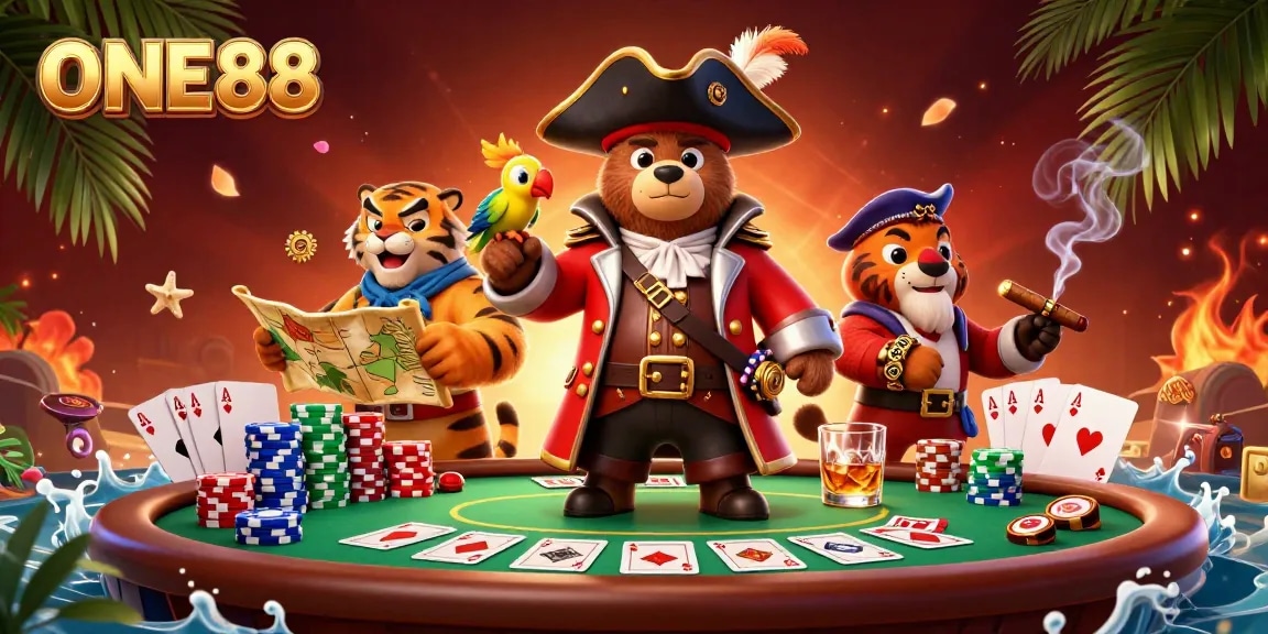 Engage in thrilling poker adventures with ONE88, featuring a bear pirate and vibrant casino elements.