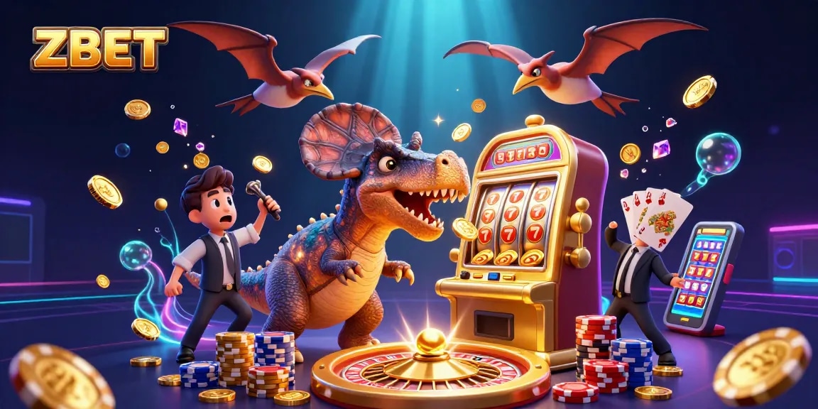 ZBET brings excitement with a cartoon dinosaur headbutting a golden slot machine, winning jackpots!