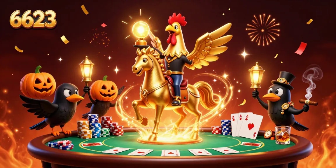 Engage with the 6623 gaming adventure, featuring a golden rooster and poker elements in a vibrant casino.
