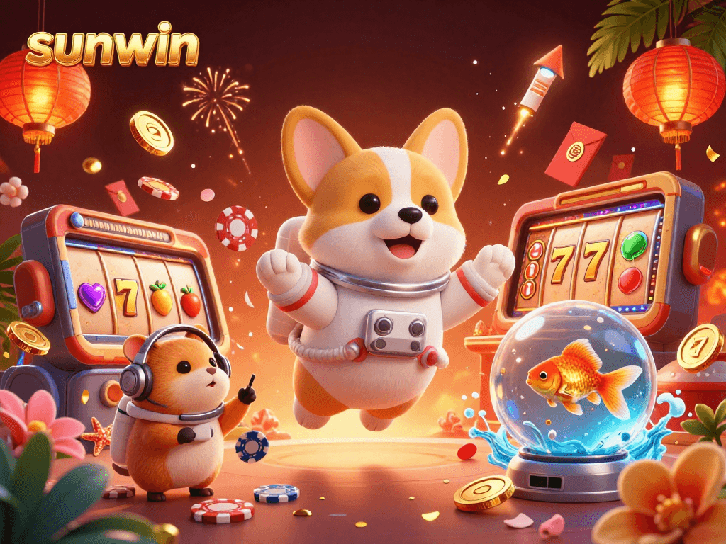 Experience the thrill of sunwin casino with an astronaut corgi and vibrant gaming elements.
