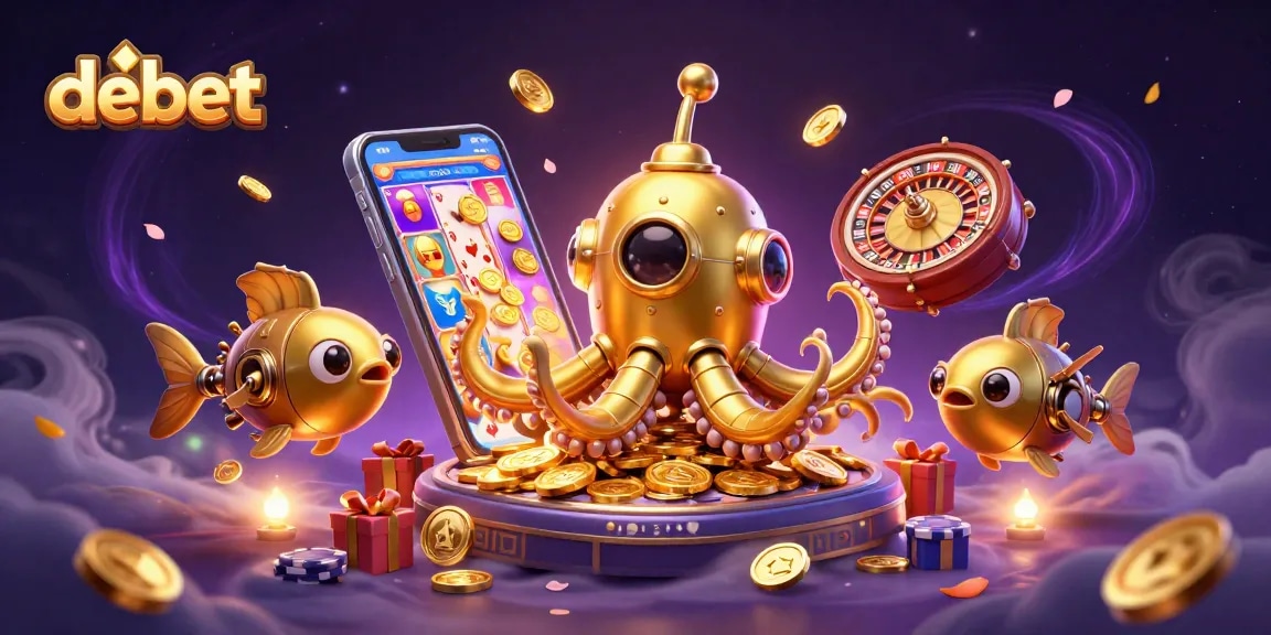 Engage with debet's vibrant casino scene filled with golden coins and animated gaming elements.